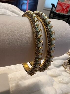 Gold-Tone White & Green Stone Bangle Bracelet Set from India